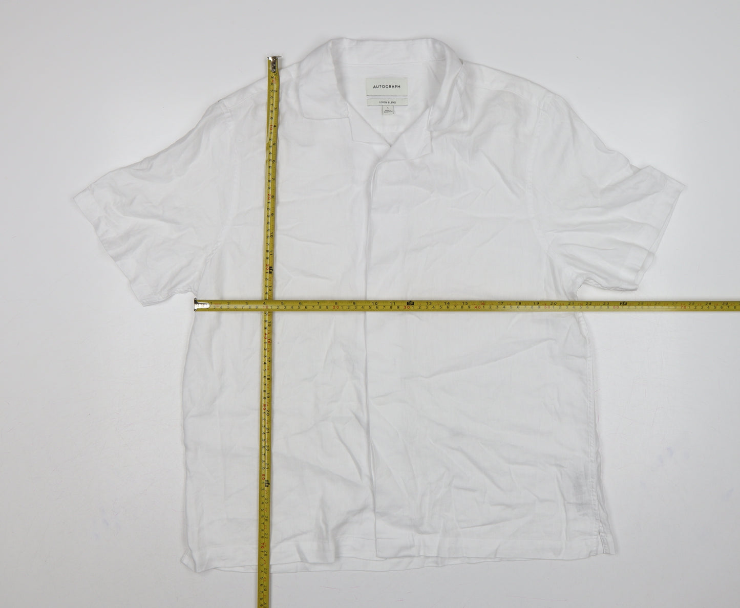 Autograph Men White L Linen Blend Camp Collar Short Sleeve Button-Up Shirt