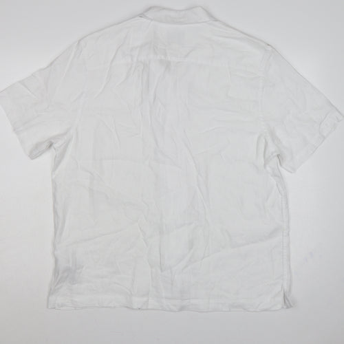 Autograph Men White L Linen Blend Camp Collar Short Sleeve Button-Up Shirt