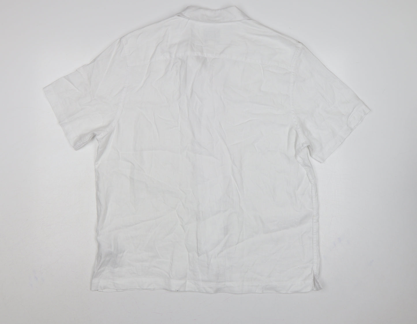 Autograph Men White L Linen Blend Camp Collar Short Sleeve Button-Up Shirt