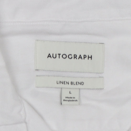 Autograph Men White L Linen Blend Camp Collar Short Sleeve Button-Up Shirt