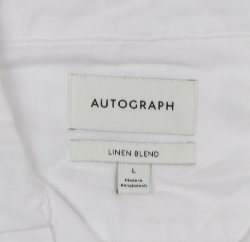 Autograph Men White L Linen Blend Camp Collar Short Sleeve Button-Up Shirt
