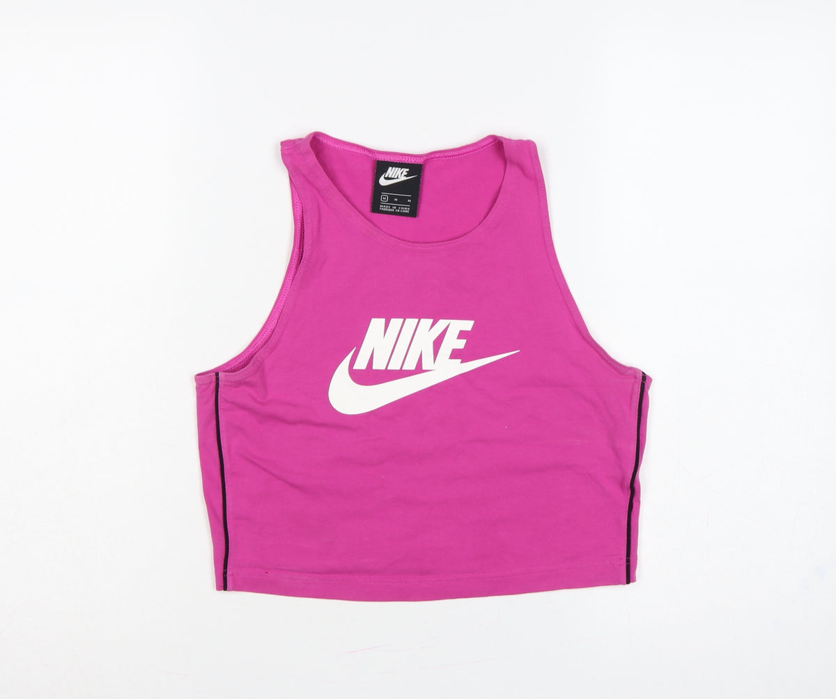 Nike Women Pink M Cropped Logo Tank Top Gym Stretch