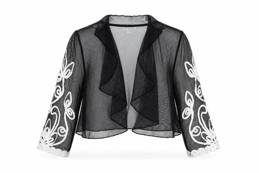 Front view of Nightingales Women Black White UK 12 Cropped Sheer Floral Shrug