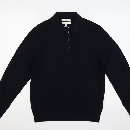 Marks and Spencer Men Black M Cotton Modal Collared Henley Jumper
