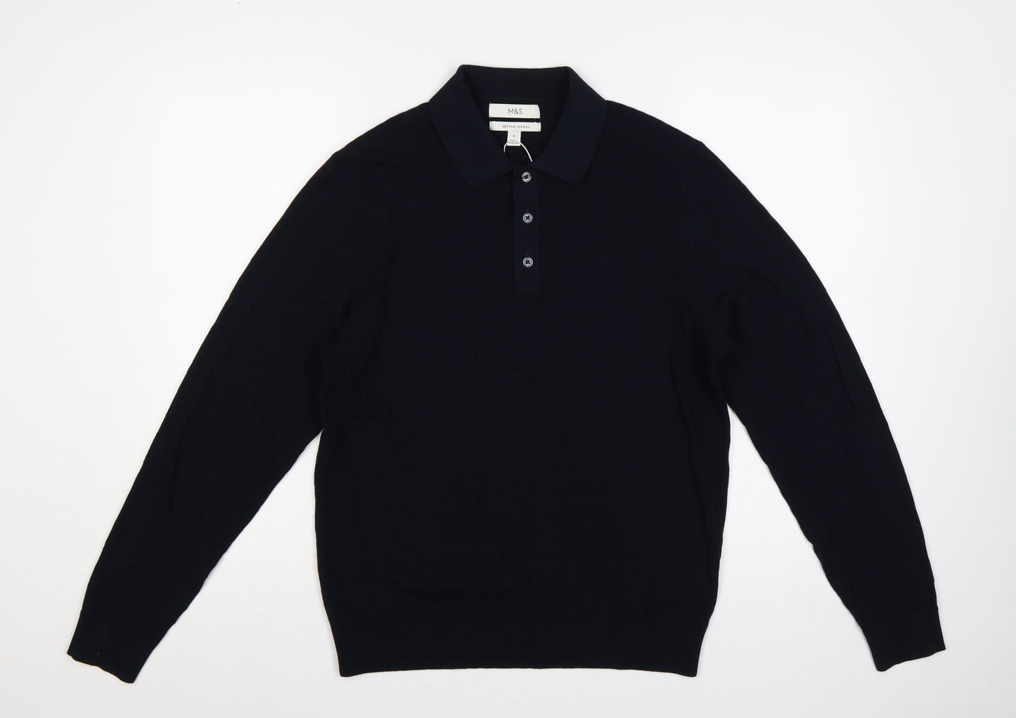 Marks and Spencer Men Black M Cotton Modal Collared Henley Jumper