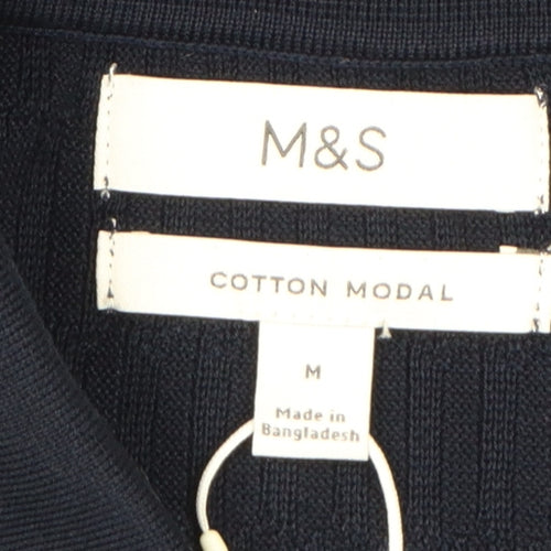 Marks and Spencer Men Black M Cotton Modal Collared Henley Jumper