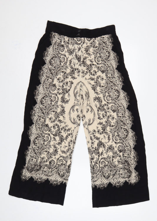 H&M Women’s Black Ivory Paisley Cropped Wide-Leg Trousers UK 10