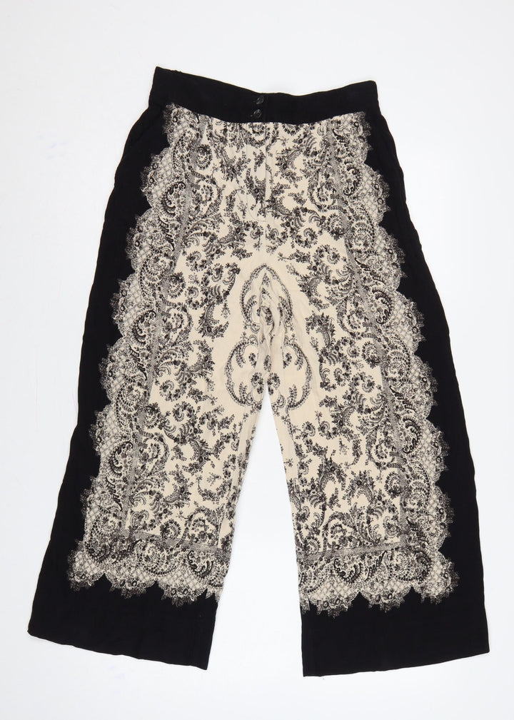 H&M Women’s Black Ivory Paisley Cropped Wide-Leg Trousers UK 10