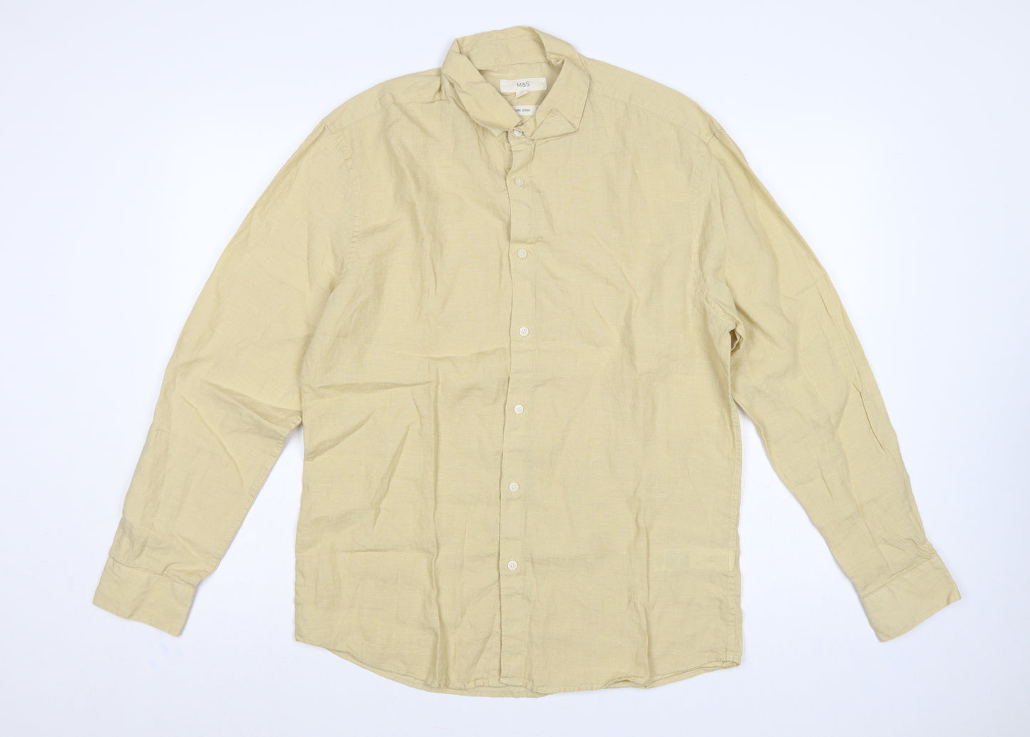 Marks and Spencer Men Yellow M Pure Linen Button-Down Shirt