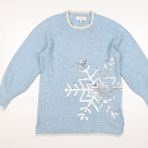Merry Everything Women Blue UK 8 Sequin Snowflake Christmas Jumper