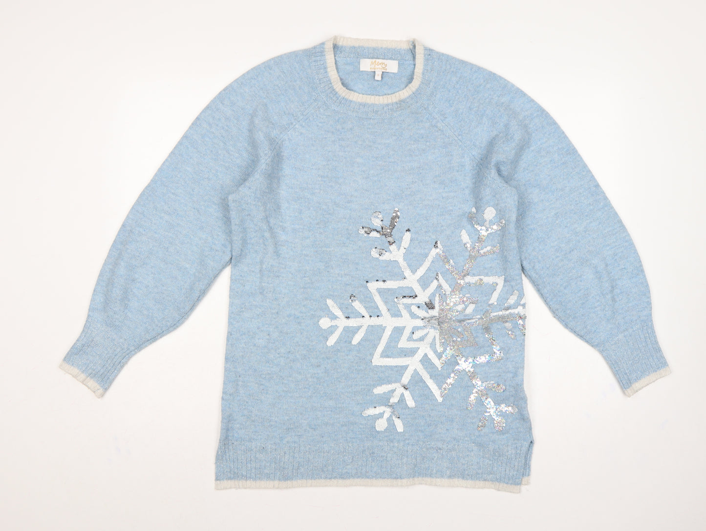 Merry Everything Women Blue UK 8 Sequin Snowflake Christmas Jumper