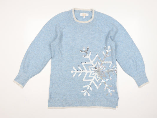 Merry Everything Women Blue UK 8 Sequin Snowflake Christmas Jumper