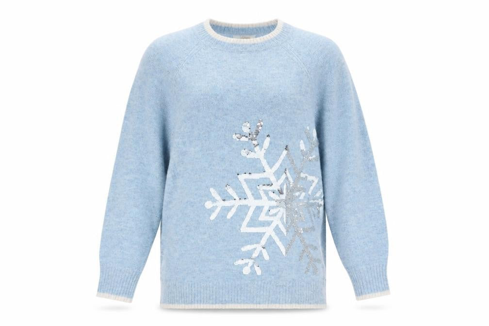 Front view of Merry Everything Women Blue UK 8 Sequin Snowflake Christmas Jumper