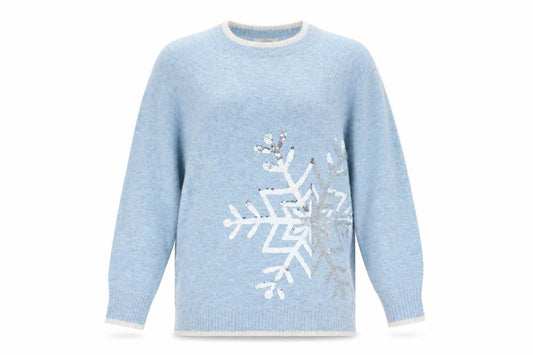 Front view of Merry Everything Women Blue UK 8 Sequin Snowflake Christmas Jumper
