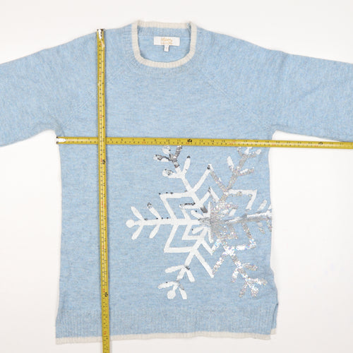 Merry Everything Women Blue UK 8 Sequin Snowflake Christmas Jumper