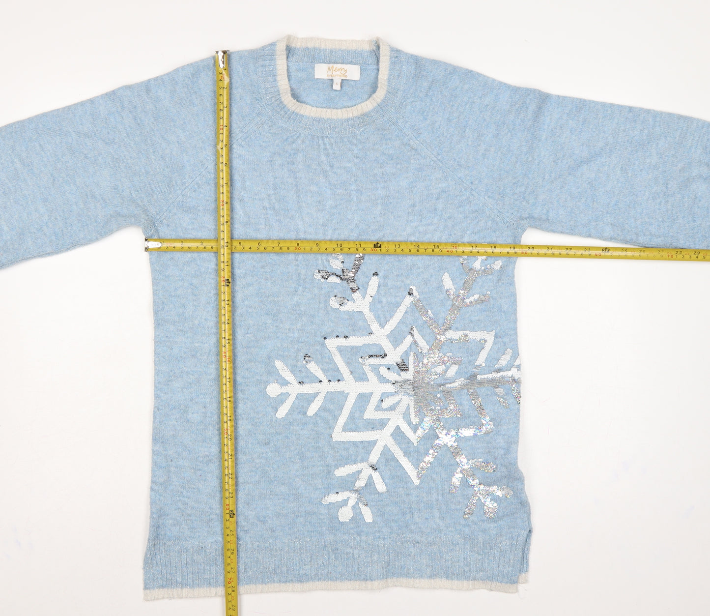 Merry Everything Women Blue UK 8 Sequin Snowflake Christmas Jumper