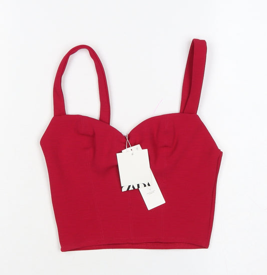 Zara Women Red S Cropped Sweetheart Neck Stretch Tank Top