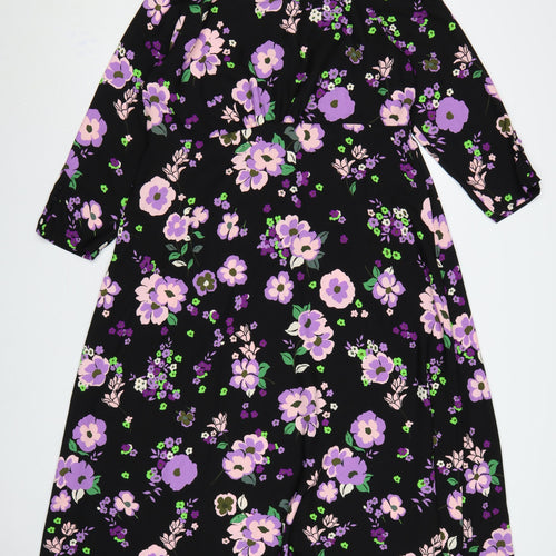 M&S Women Black Floral Fit & Flare Midi Dress UK 16