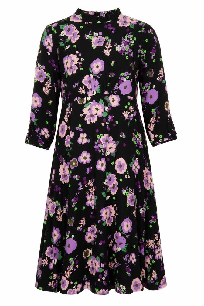 M&S Women Black Floral Fit & Flare Midi Dress UK 16