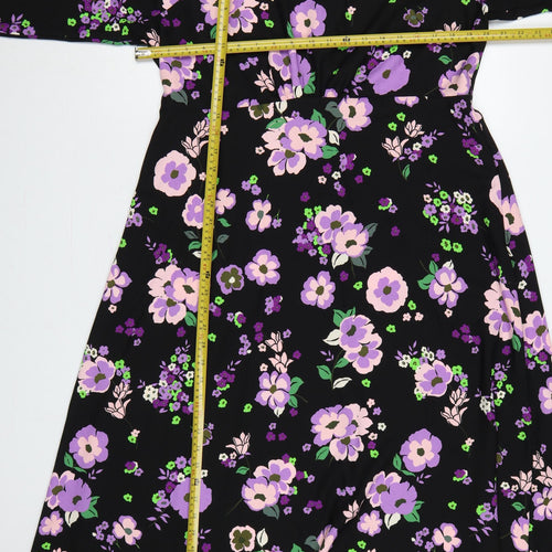 M&S Women Black Floral Fit & Flare Midi Dress UK 16
