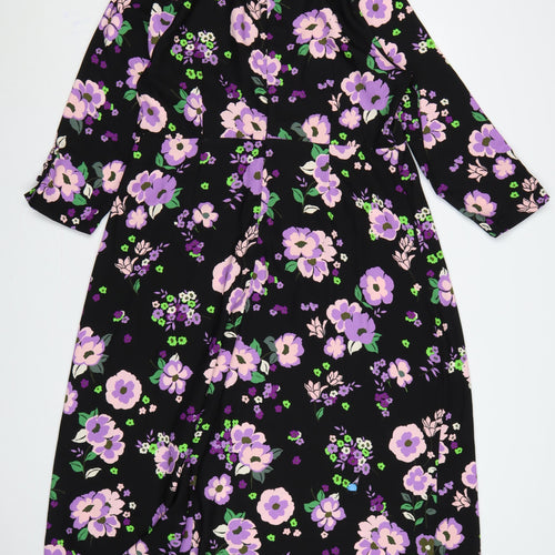 M&S Women Black Floral Fit & Flare Midi Dress UK 16
