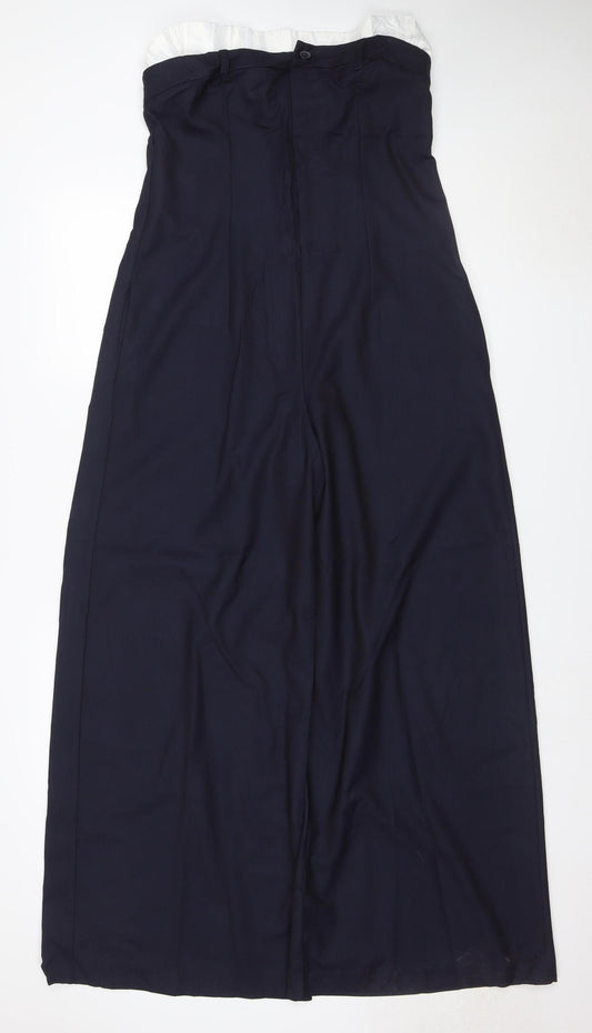 Zara Women Navy Blue UK 12 Wide-Leg Ruffle Waist Trousers
