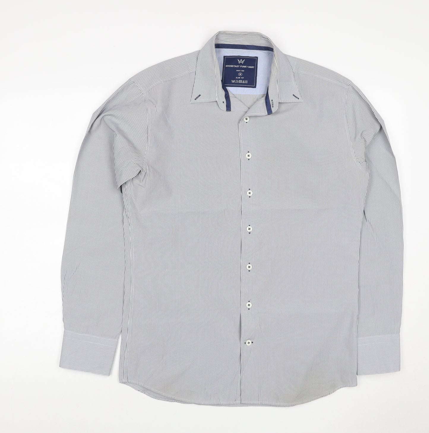 Kronstadt Men’s Blue Stripe Slim Fit Cotton Blend Shirt M
