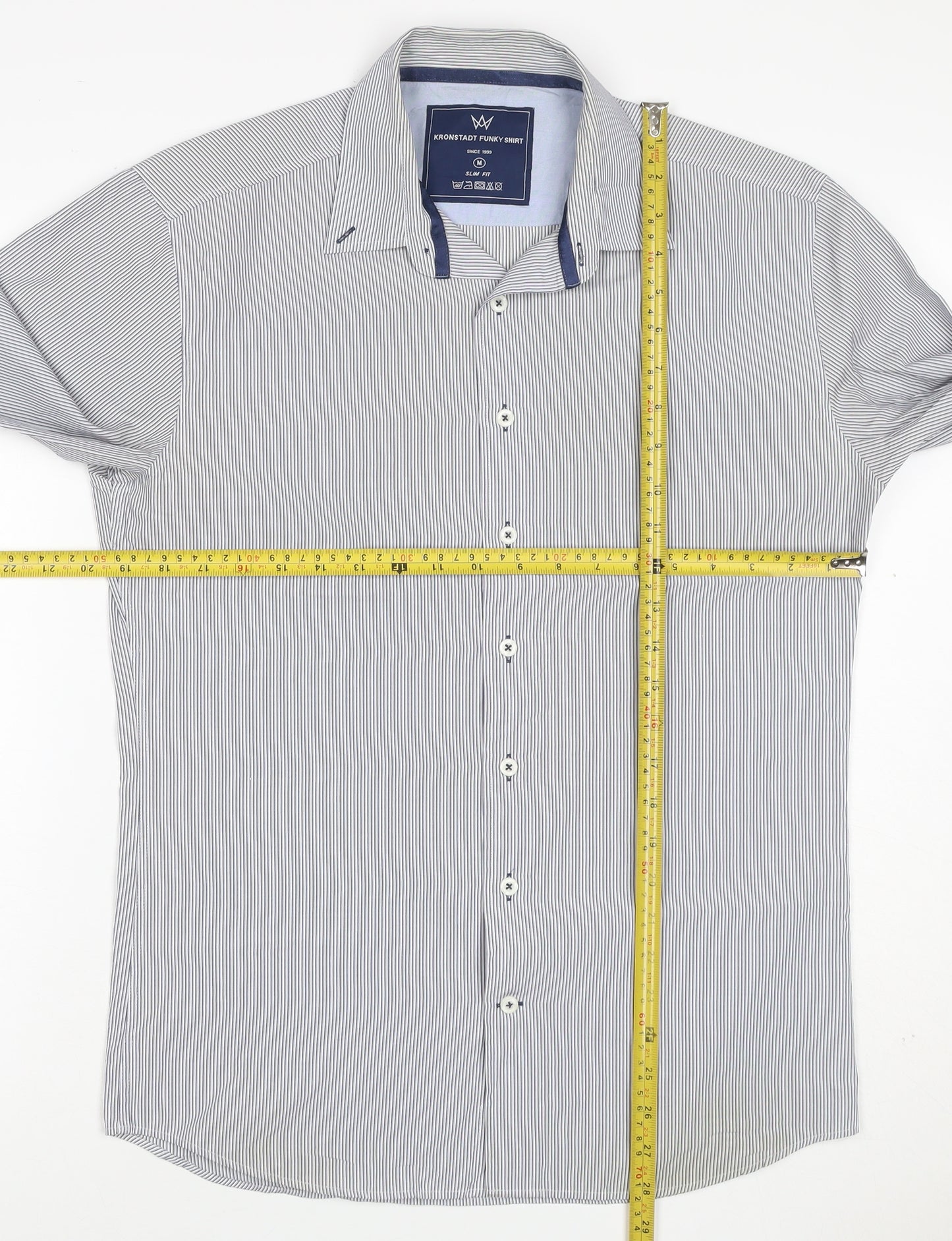Kronstadt Men’s Blue Stripe Slim Fit Cotton Blend Shirt M