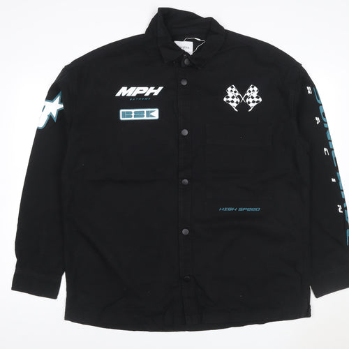 Bershka Men's Black Cotton Racing Graphic Snap Jacket