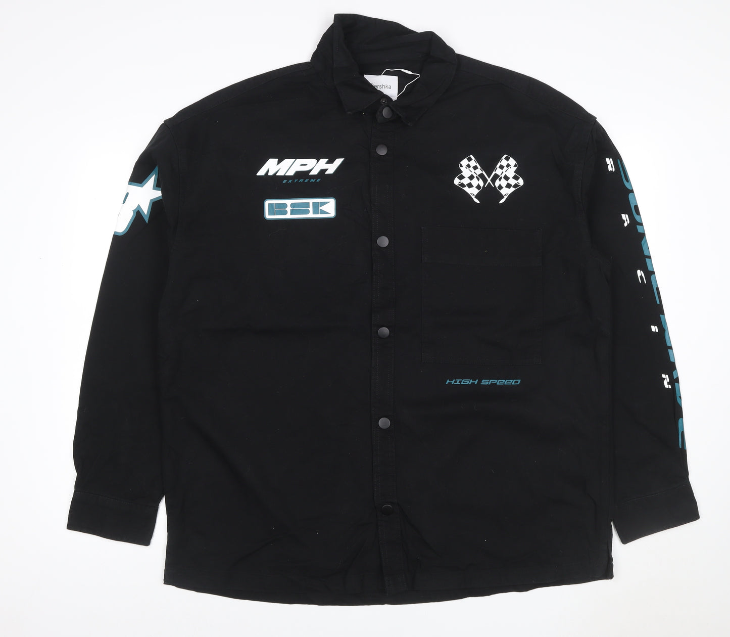 Bershka Men's Black Cotton Racing Graphic Snap Jacket