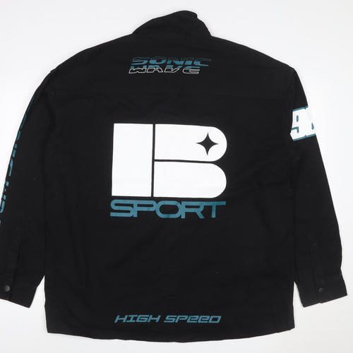 Bershka Men's Black Cotton Racing Graphic Snap Jacket