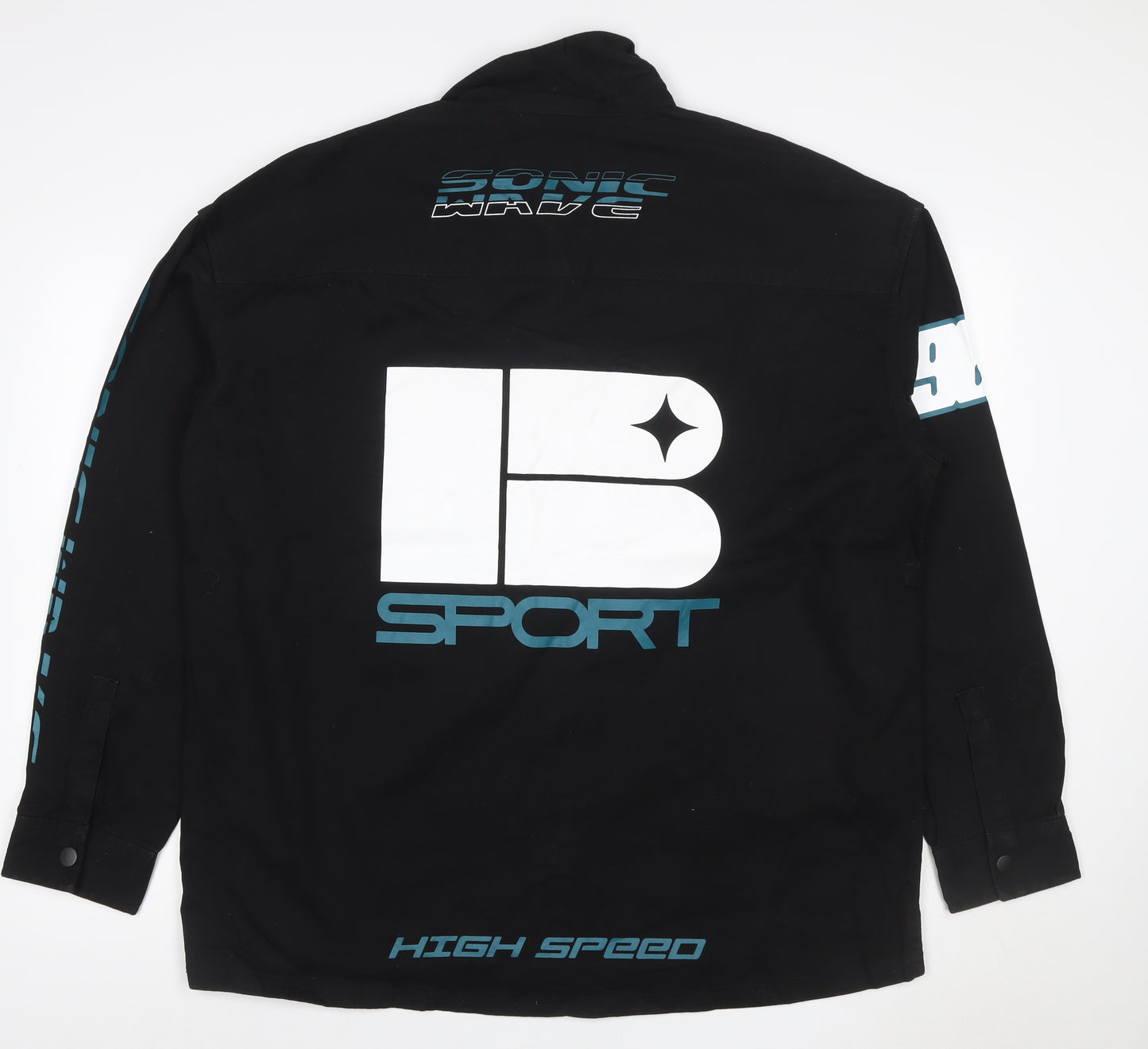 Bershka Men's Black Cotton Racing Graphic Snap Jacket