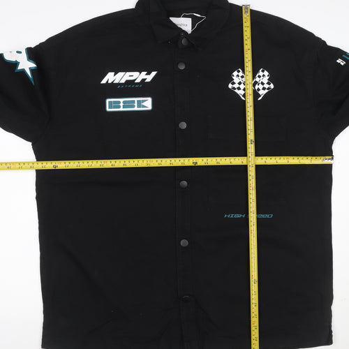 Bershka Men's Black Cotton Racing Graphic Snap Jacket
