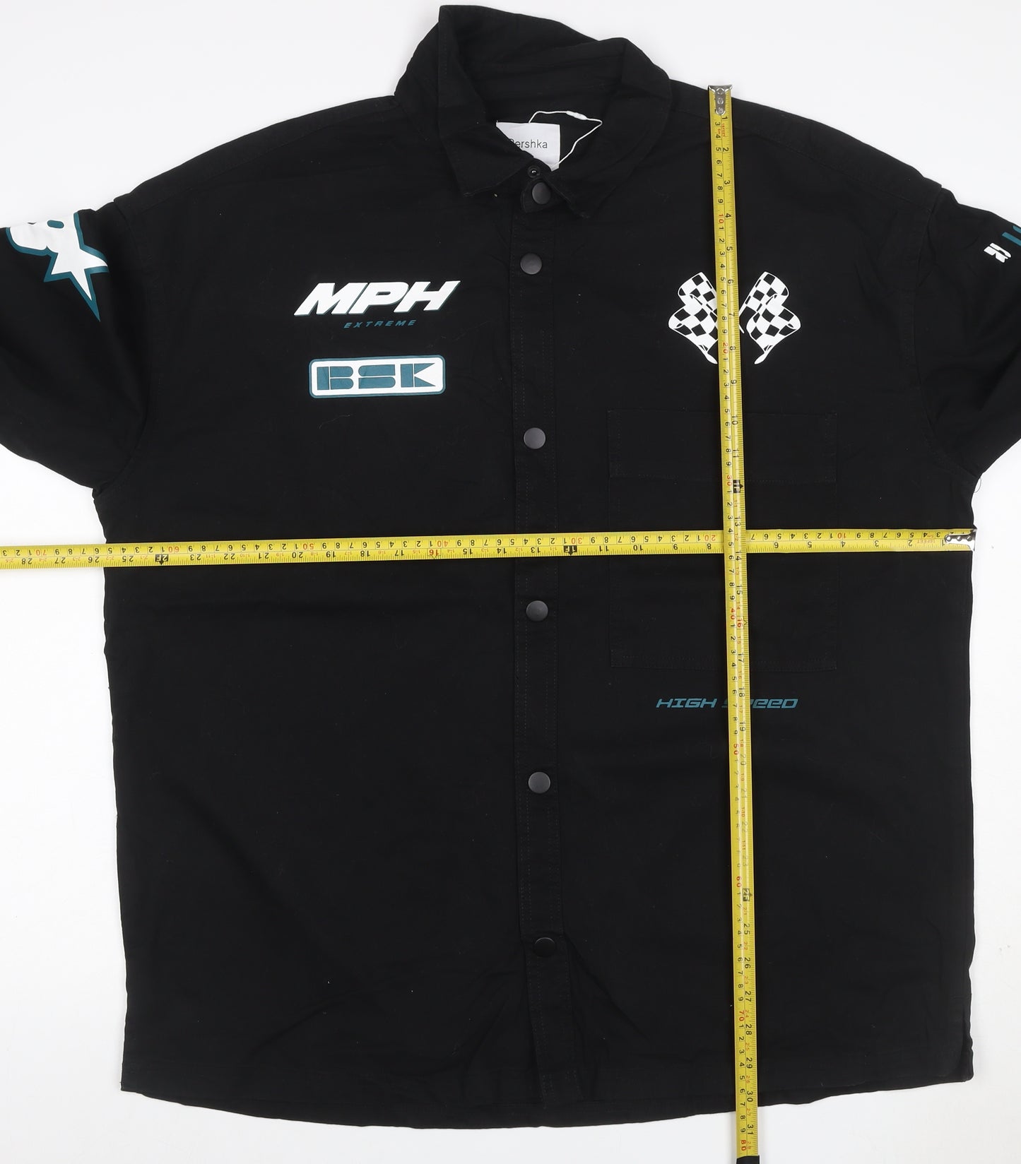 Bershka Men's Black Cotton Racing Graphic Snap Jacket