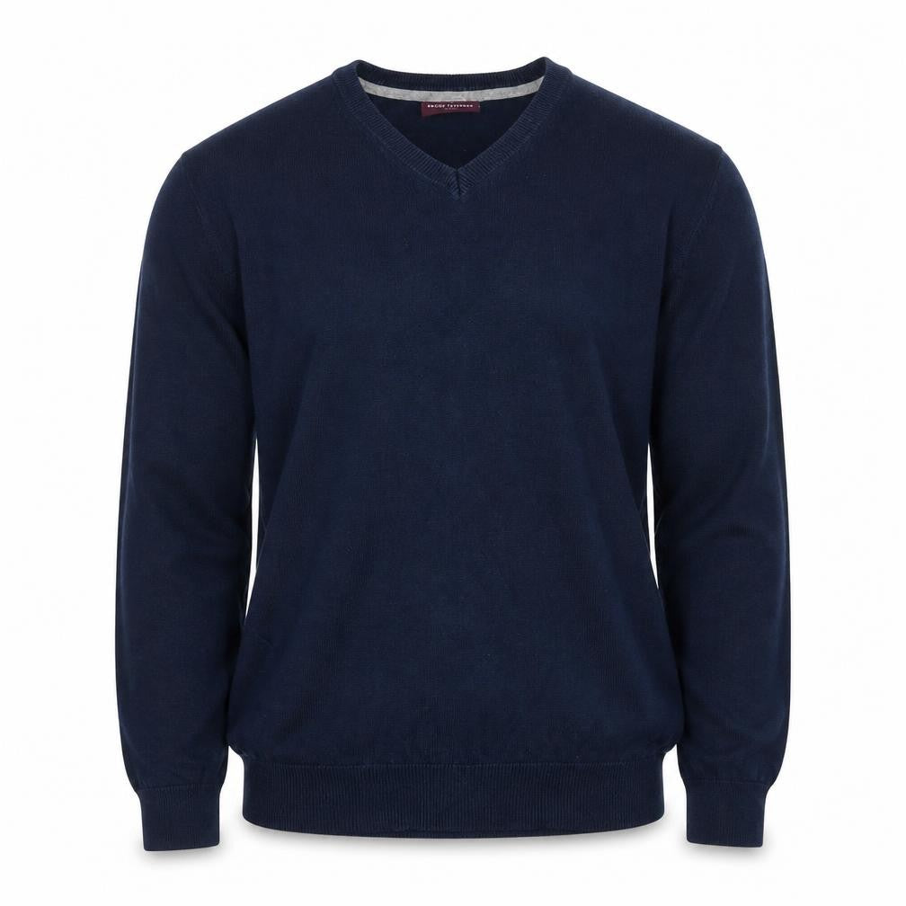 Front view of Brook Taverner Men’s Navy Blue M V-Neck Cotton Blend Knit jumper