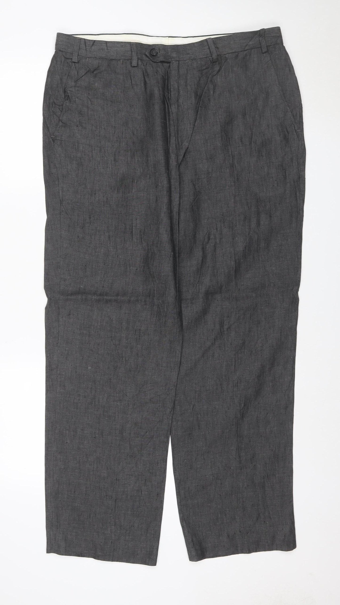 Marks & Spencer Men Grey 36in 31in Linen Straight Trousers