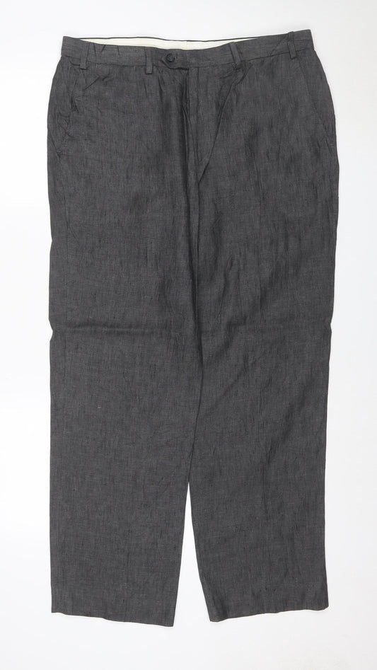 Marks & Spencer Men Grey 36in 31in Linen Straight Trousers