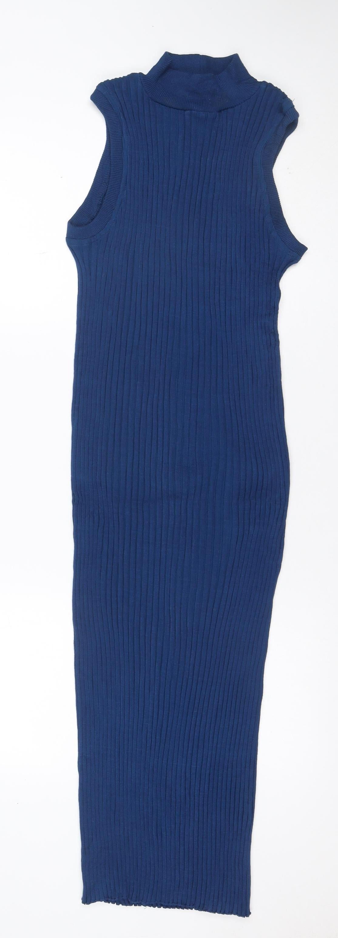 Zara Women Blue M Ribbed Knit Maxi Bodycon Sleeveless Dress