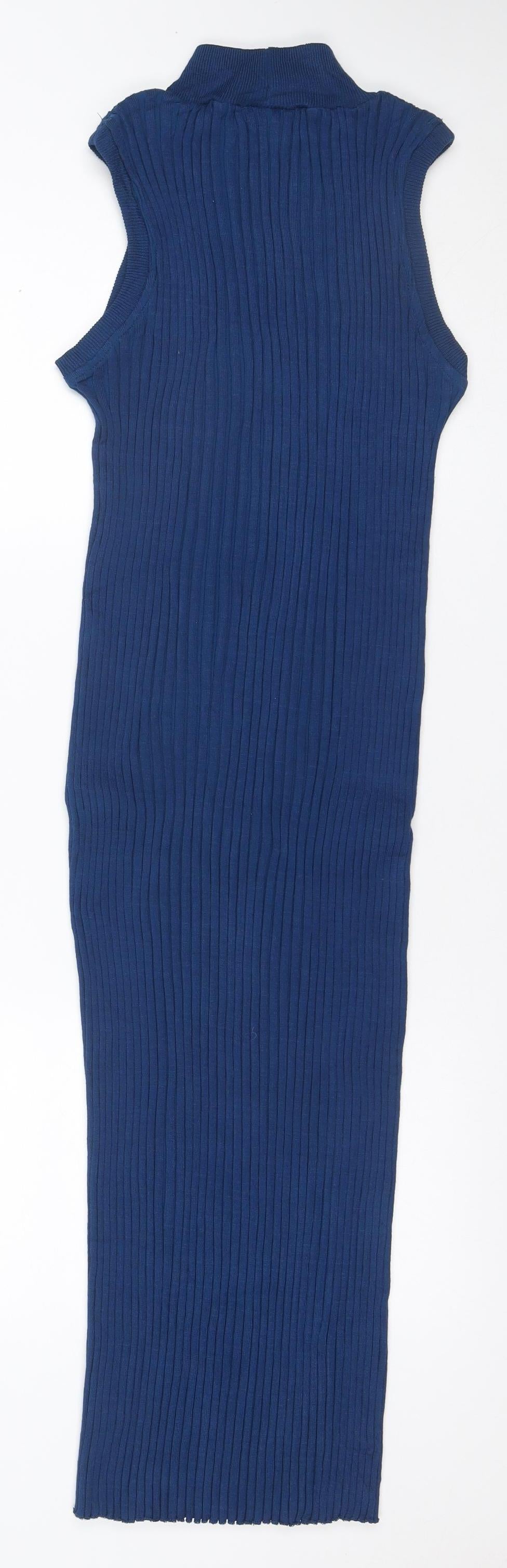 Zara Women Blue M Ribbed Knit Maxi Bodycon Sleeveless Dress