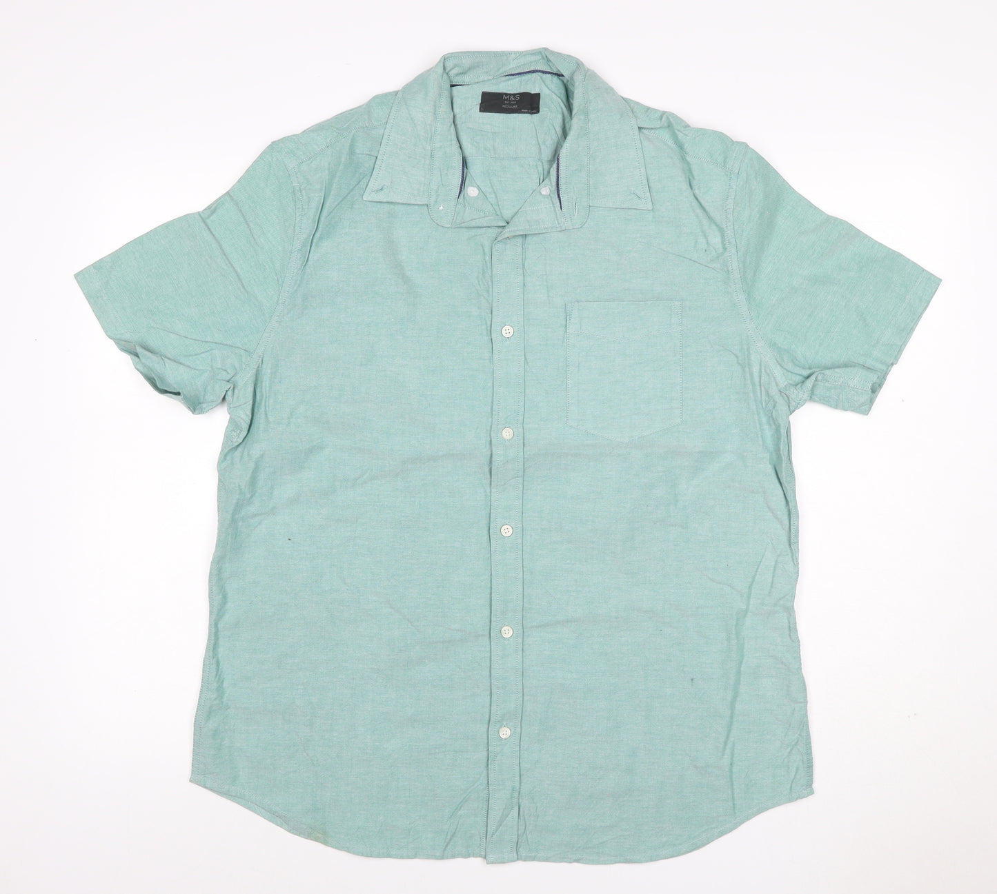 Marks and Spencer Men Blue L Regular Cotton Button-Down Shirt