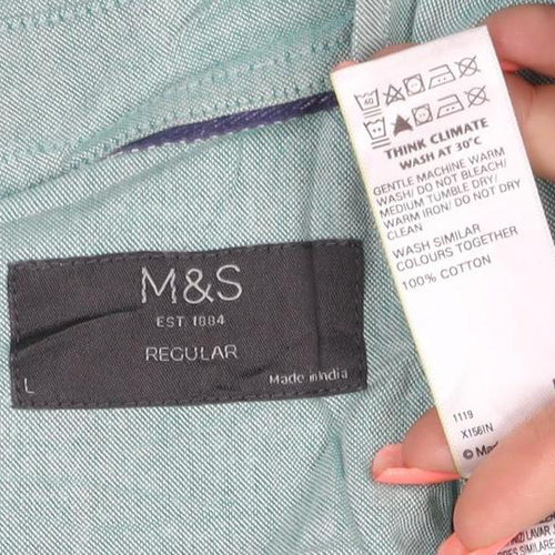 Marks and Spencer Men Blue L Regular Cotton Button-Down Shirt