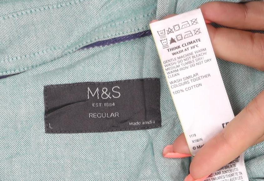Marks and Spencer Men Blue L Regular Cotton Button-Down Shirt