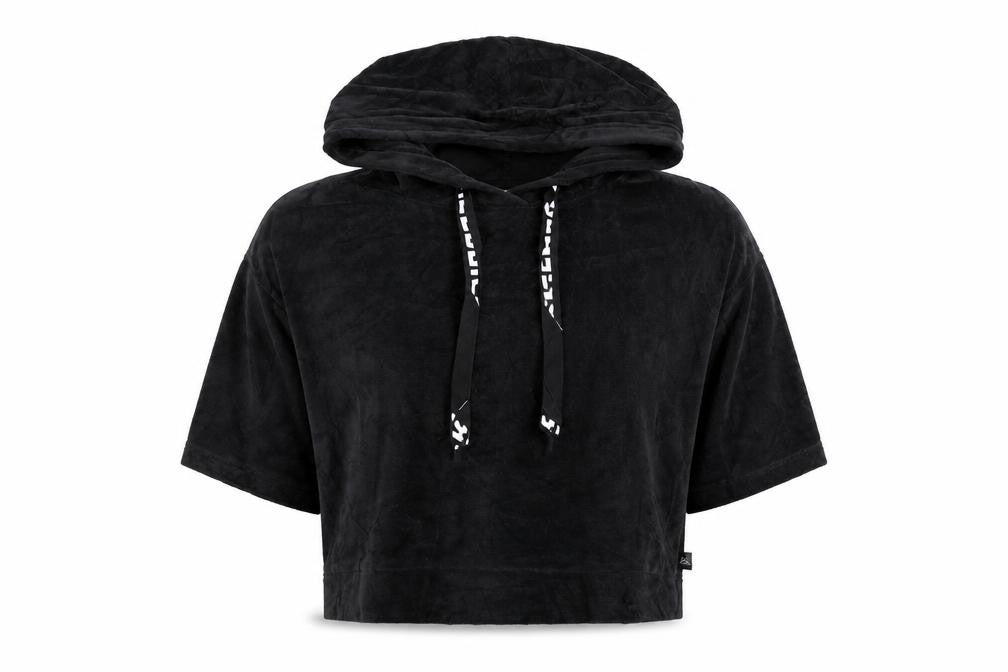Front view of Reebok Women Black M Short Sleeve Hooded Pullover Fleece Sweatshirt