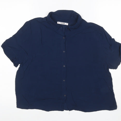 Pull&Bear Women’s Blue UK 10 Puff Sleeve Collared Button-Up Blouse