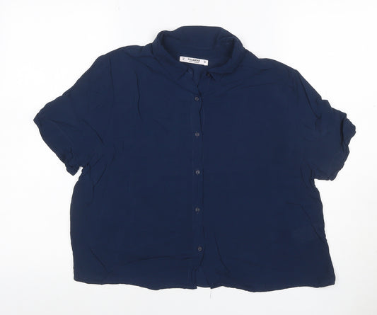 Pull&Bear Women’s Blue UK 10 Puff Sleeve Collared Button-Up Blouse