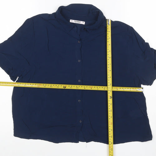 Pull&Bear Women’s Blue UK 10 Puff Sleeve Collared Button-Up Blouse