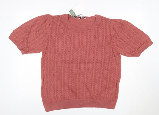 b.young Women Pink XL Puff Sleeve Pointelle Knit T-Shirt Top