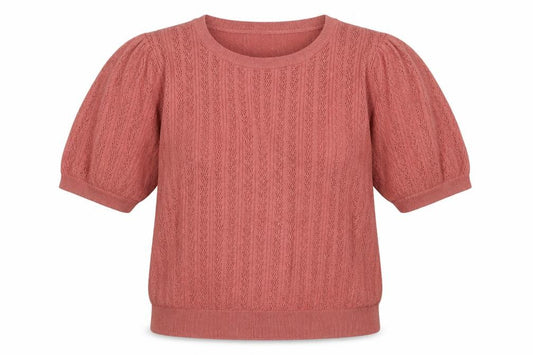 Front view of b.young Women Pink XL Puff Sleeve Pointelle Knit T-shirt