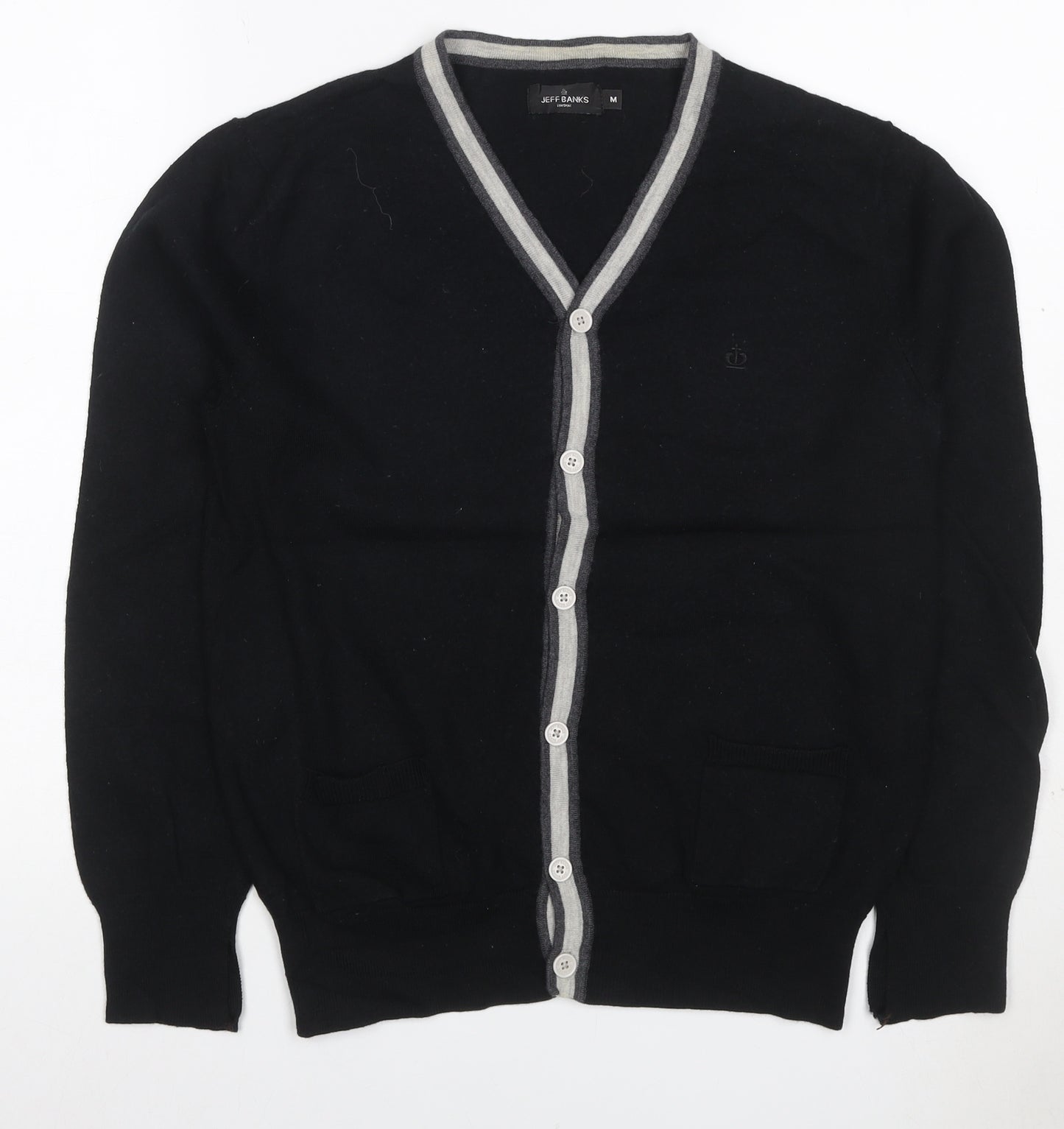 Jeff Banks Men Black M Merino Wool V-Neck Button Cardigan