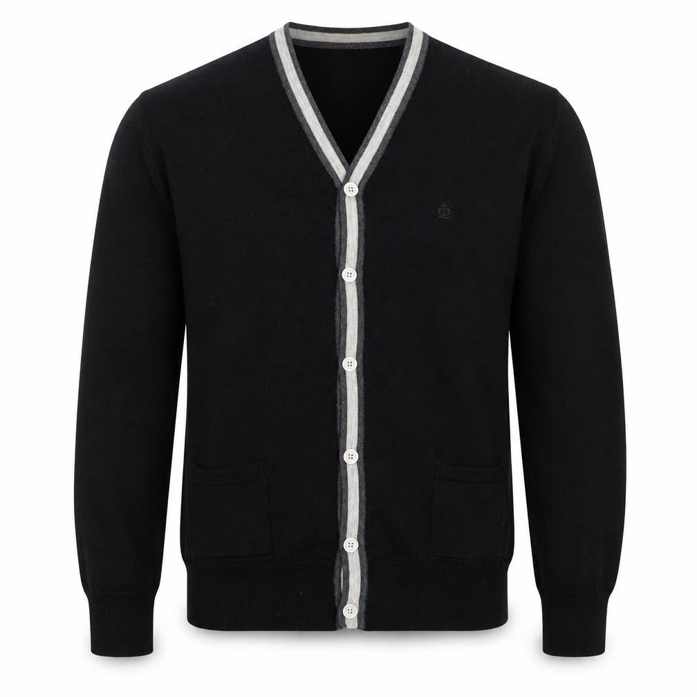 Front view of Jeff Banks Men Black M Merino Wool V-Neck Button Cardigan